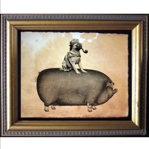 Pug Riding Pig Wall Art Print Tea Stained Paper